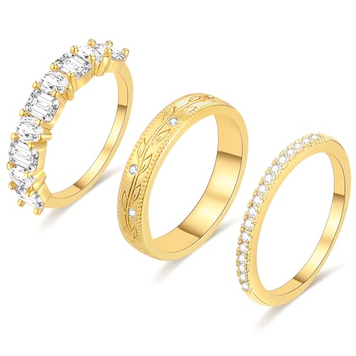 FUNEIA Stackable Gold Rings for Women Non Tarnish Chunky 14K Gold Plated Rings that Don't Tarnish Engagement Cubic Zirconia Ring Set Stack Dainty Pinky Wedding Bands Thumb Rings Gold Jewelry Size 6-11