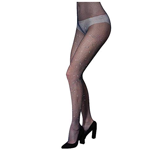 JPQOW Sexy Jeweled Sparkly Diamond Fishnet Stockings High Waist Tights Shiny Rhinestone Sheer Pantyhose With Bling Crystals