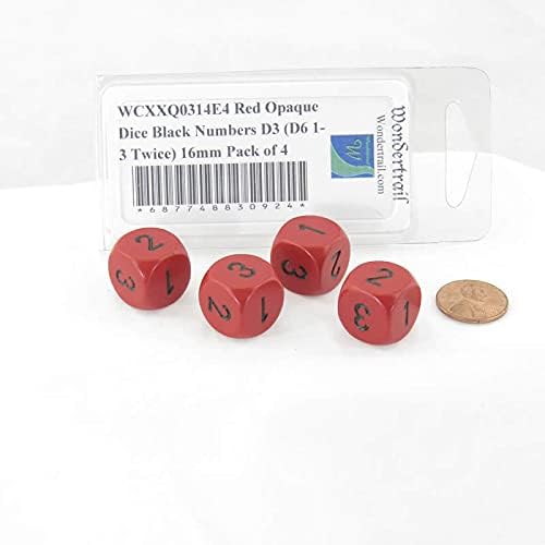 Red Opaque Dice with Black Numbers D3 (D6 1-3 Twice) 16mm (5/8in) Pack of 4 Wondertrail