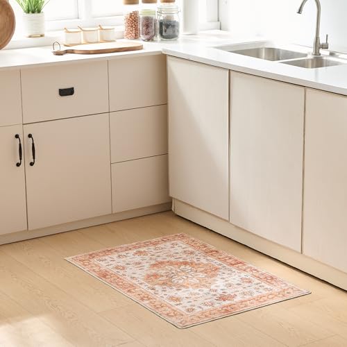 Vintage 2x3 Washable Area Rug, Low-Profile Entryway Rug with Non-Slip Backing & Durable Edge Binding, Pet-Friendly Doormat, Small Rug for Entryway, Kitchen, Living Room