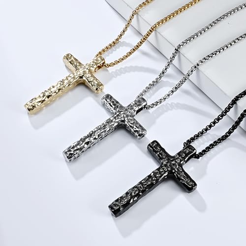 Collier croix en acier inoxydable pendentif texturé martelé style rétro