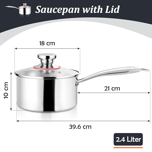 Herogo Stainless Steel Saucepan 18cm, 2.4L Sauce Pan with Glass Lid, Triple-Layer Milk Pan, Ergonomic Handle, Induction Cooking, Easy to Clean - Image 2