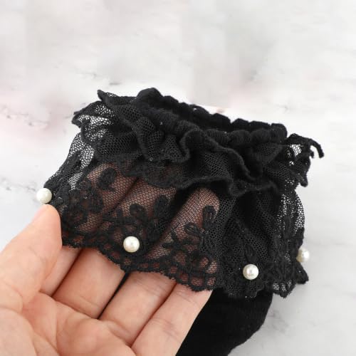 Image of Women Ruffle Socks, Soft Comfortable Lace Frilly Fashion Princess Socks with Pearls 3 Pairs