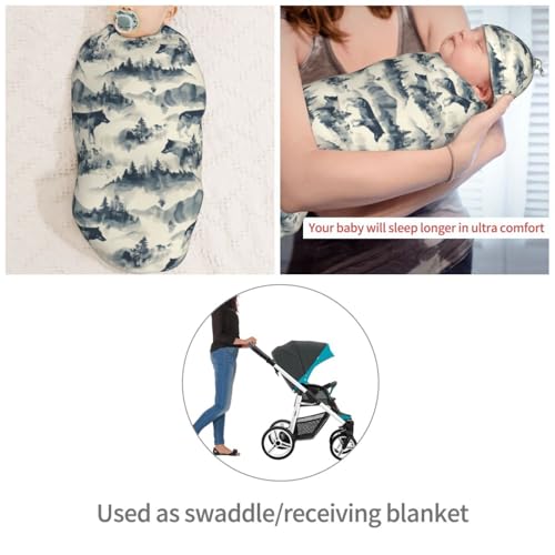 Image of Wolf and Mountain Newborn Swaddle Blankets Hat Sets Soft Baby Receiving Blanket Swaddle Sack for Baby Shower Infant Boy Girl Gift