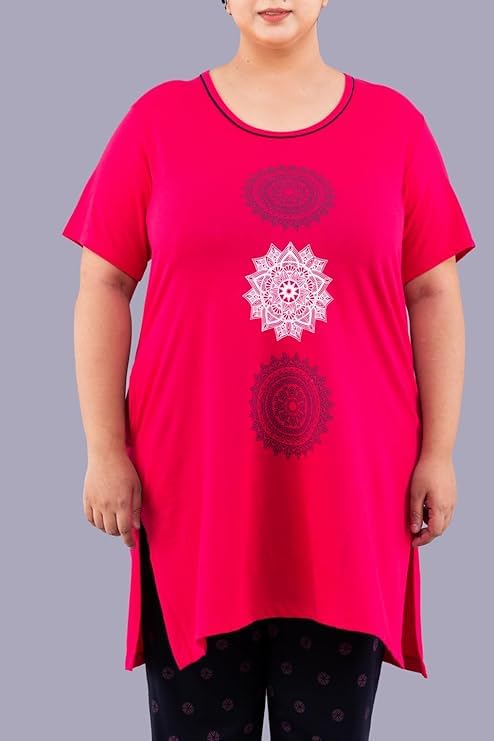 Image of CUPID Women Cotton Round Neck Half Sleeves T-Shirt,Night n Sleep Wear,Daily Use Gym /Lounge Wear Long Tops with Pocket Hot Pink XXL