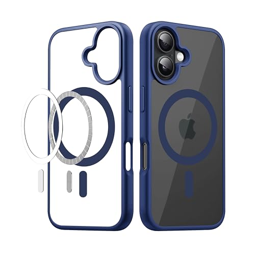 Image of CEDO Cover for iPhone 16 | Compatible with MagSafe Wireless Charging | Designed with Magnetic Lock Shockproof Phone Bumper Transparent Back Case Cover (Navy Blue)