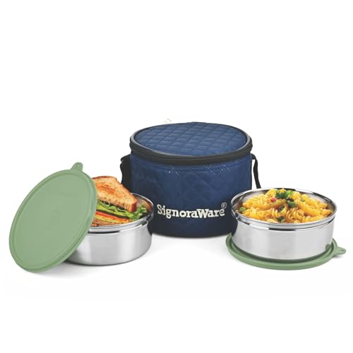 Image of SignoraWare Big Meal Stainless Steel Container Set | Airtight & Leakproof | Durable & Rust-Free | Ideal for Office, School, Home & Outdoor Use (800ml+800ml | Set of 2 | EGreen)