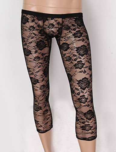 Mens Sissy Sheer Floral Lace Low Rise Bulge Pouch Footless Legging Pants Tight Trousers2