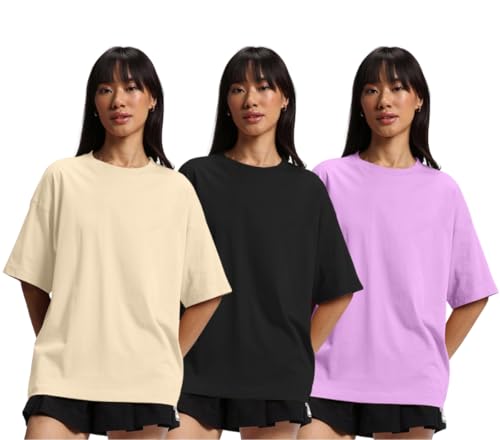 Image of JUNEBERRY 100% Pure Cotton Drop Shoulder Oversized Baggy Fit Half Sleeve Plain Solid Round Neck Multicolor T-Shirt Combo for Women & Girls (Pack of 3) (Sizes S-2XL)