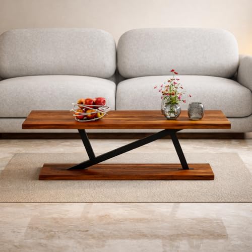 Image of Coffee Table /Centre Table /Tea Table Racktangle Solid Sheesham Wood top with Black Metal Frame, Z - Shape Sofa Table Living Room,Office, Dining,Bedroom, Sofa Side, Home Decor Brown