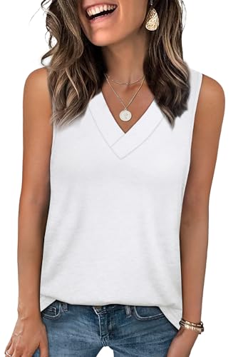 WIHOLL Vests for Women Summer Tops Ladies V Neck Sleeveless Tank Top Basic Casual Loose Fit Size 22-24 White