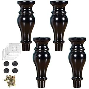 Pack of 4 Wood Furniture Parts Sofa Legs Wooden Sofa Feet Replacement Legs Gourd Shape Wooden Furniture Legs for Tables Chairs Cabinets Coffee Tables Replacement Feet with Screws (Black 18cm/7in)