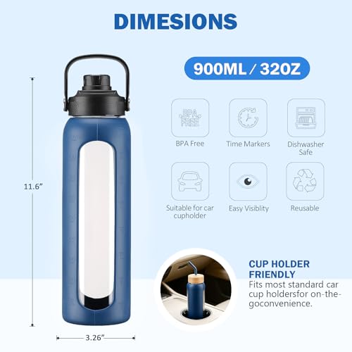 Image of 32 oz Glass Water Bottle with Straw - 2 Lids (Bamboo & Spout Lid), 1L Motivational Borosilicate Glass Daily Water Intake Bottle with Time Marker, Silicone Sleeve for Home Office-Navy Blue