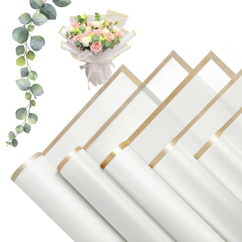 MtnLaur Blumenpapier 20 Blatt Wasserdicht Blumen Papier Schwarz Geschenkpapier Blumen Verpackungspapier und goldener Rand Wrapping Paper für DIY Bastelprojekte (Weiß)