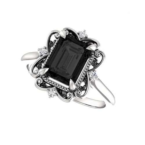 925 Sterling Silver White Gold Finish 2.6 Ct Emerald Cut Onyx Black Diamond Vintage Halo Engagement Wedding Ring For Womens