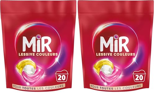 Mir - Lessive Capsules Couleurs - Raviveur - Formule 3en1 - Couleurs - Fibres - Fraîcheur- Nettoie avec Soin- Couleurs Ravivées -Fibres Lissées - Anti-Bouloche -Pour les Couleurs - Recharge 20 Lavages