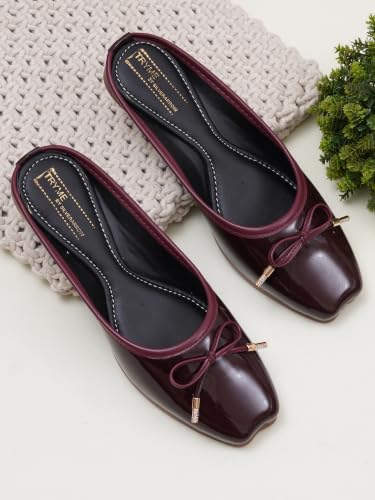 Image of TRYME Elegant Women's Glossy Patent Slip-On Mules with Bow Detail | Comfortable Flat Sandals for Office, Casual & Daily Wear
