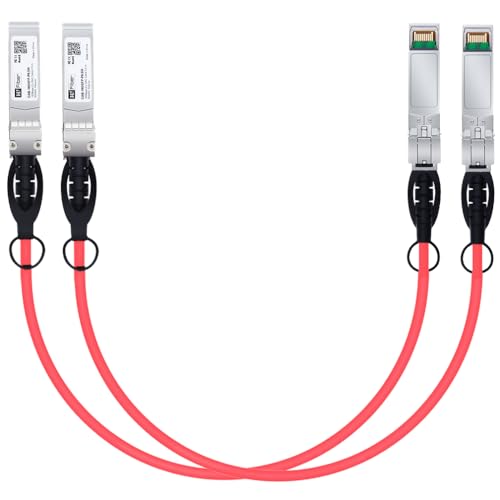 Image of H!Fiber 2 Pack Red SFP+ Cable, 10G SFP+ DAC, 0.5M(1.64ft), Passive Direct Attach Copper Twinax Cable for Cisco SFP-H10GB-CU0.5M, Ubiquiti UniFi UC-DAC-SFP+, Meraki, Mikrotik, Intel, Fortinet, Netgear
