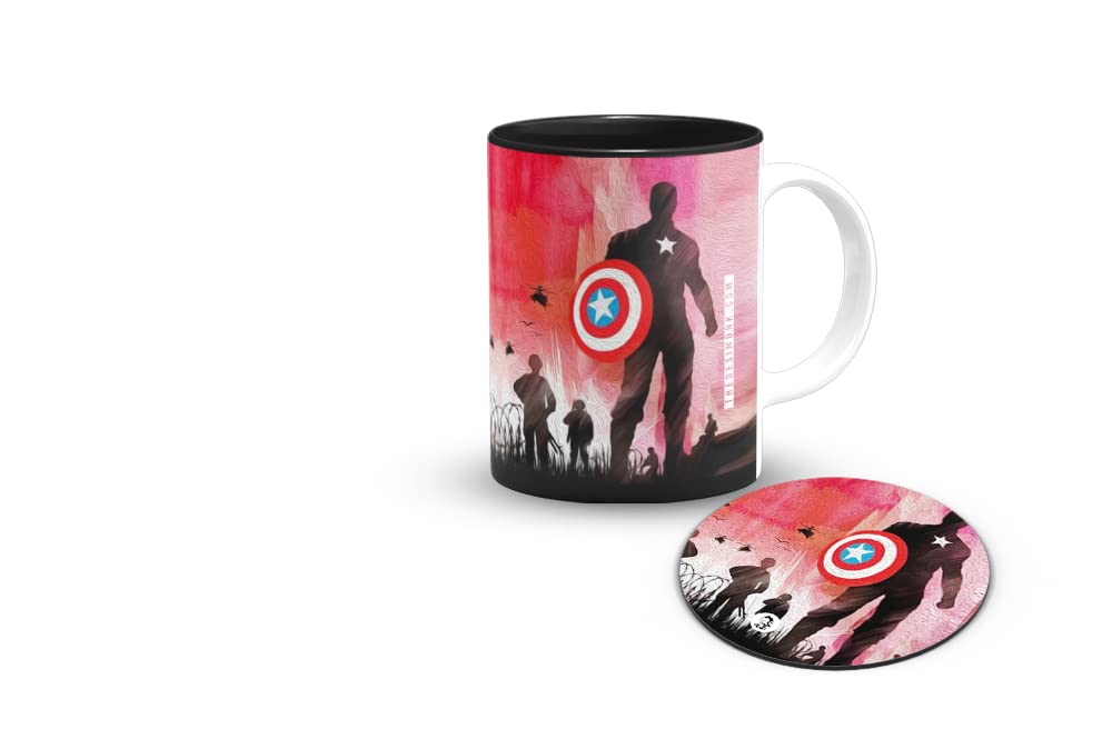 The Desi Monk Captain America Inside Black Mug and Tea Coaster Combo | Avenger Coffee Mug | Superhero Printed Coffee Mugs for Coffee Lovers | 330 ml, Microwave & Dishwasher Safe| TM-61