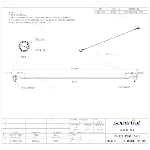 Image of Superbat TV Coax Cable 12 inch Slim 75 Ohm RG179 F-Type Connector 2-Pack
