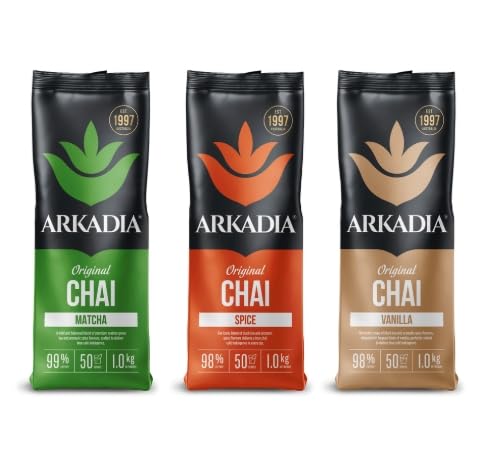 Arkadia Chai Tea Trio Pack, 3 x 1kg Premium Powders, Spice, Vanilla & Matcha Chai Flavours, Australian Made