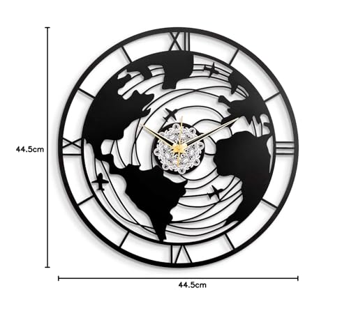 Image of METSY Metal Wall Clock World Map Design | Metal Wall Art Clock Decor for Living Room | Wall Hangings for Home Decoration | Size: 44.5x44.5 cm | Laser Cutting & Black Powder Coated