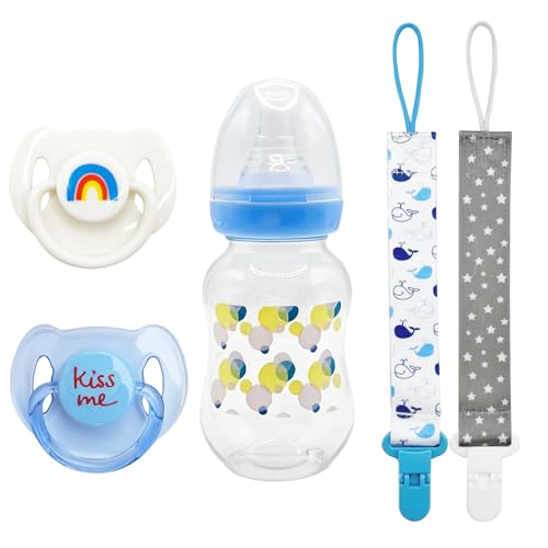 Image of 5Pcs Reborn Baby Doll Accessory Set - Rainbow & Kiss Me Magnetic Pacifiers, Baby Bottle, Whale and Star Pattern Pacifier Clips, Blue Style for Reborn Doll Girls Boy