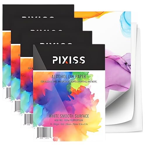 Pixiss Lot de 25 feuilles de papier Yupo épais A4 210 x 297 mm, 300 g/m², extra lisse, pour aquarelle, encre à alcool, 10 outils de mélange d'encre d'alcool 5 tailles différentes.