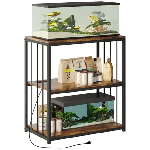 20 Gallon Fish Tank Stand with Power Outlet, Aquarium Stand with Shelf, Metal Reptile Terrarium Tank Stand, 3-Tier Adjustable Storage Shelves, 29.5''L×15.7''W×30''H, Retro Brown Cover