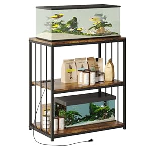 20 Gallon Fish Tank Stand with Power Outlet, Aquarium Stand with Shelf, Metal Reptile Terrarium Tank Stand, 3-Tier Adjustable Storage Shelves, 29.5”L×15.7”W×30”H, Retro Brown