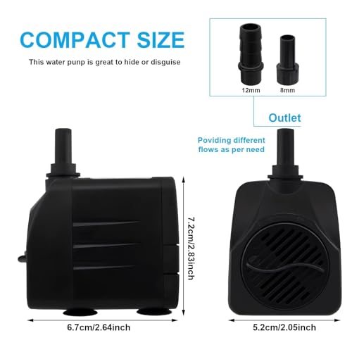 Awroutdoor Wasserpumpe Tauchpumpe, Ultraleise Teichpumpen,800L/H Aquariumpump für Teich Brunnen Aquarium Garten,Submersible Pumpe 2 Düse 8mm-13 mm, mit 4 starken Saugnäpfen(16W)