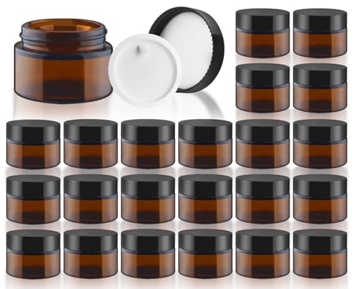 DMuuuDM Small Glass Jars with Black Lids 24 Pack Amber Empty Round Glass Jar with Inner Liners for Creams Lotions Body Butter Salves Ointments Bath Salts Powders Travel Liquid Container (1oz)