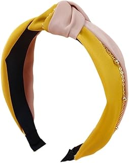 Diadema con nudo de bloque de color, tarjetas de pelo de cadena de tela simple, diadema rizada para niña (amarillo y marrón)