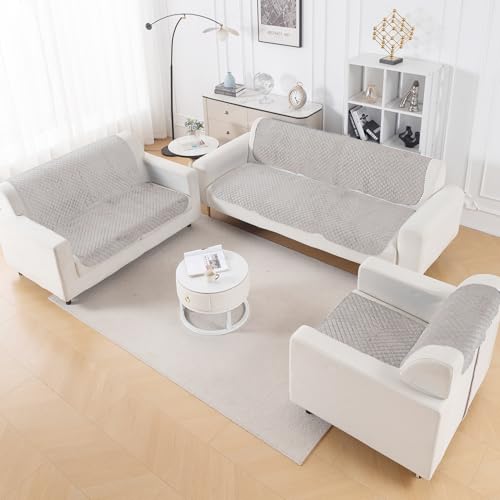 Image of HOKIPO Quilted Sofa Cover 6 Seater Set - Washable 3+2+1 Sofa Panel for Seat & Back | 'Quilt Classic' Light Grey (IN-927+926+925 * 2-LGRY)