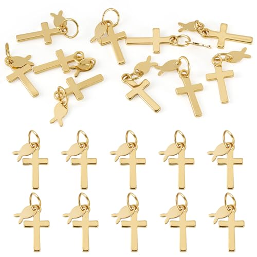 Image of 10Pcs 18K Gold Plated Cross Charms Brass Golden Crucifix with Fish Pendants Metal Permant Jewelry Charms with Jump Ring for DIY Bracelets Necklaces Earring Jewelry Making