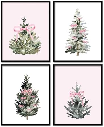 foedor Pink Christmas Pine Tree Wall Art Decor, 8x10 Set of 4