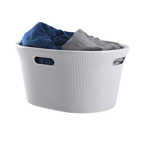 Image of Superio Ribbed Collection - Decorative Plastic Laundry Basket with Cut-Out Handles, White Smoke (2 Pack) Hamper Organzier for Bedroom Bathroom College Dorm Room 35 Liter