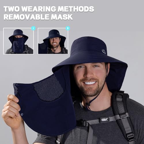 Image of Rosoz Sun Hat for Men Women with Neck Flap,Wide Brim UPF50+ Fishing Hat with Detachable Face Cover Outdoor Sun Protection Hat