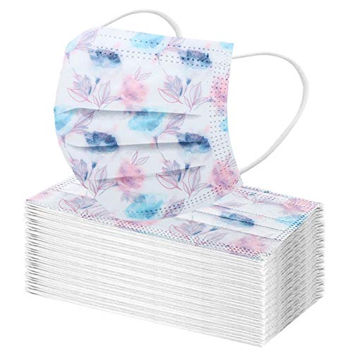 50Pcs Disposable Face Masks for Adults Women Leaf Print Floral Print Non Woven Skin Care Holiday Covering Anti-Dust