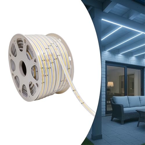 LED ATOMANT 100 Metros de Tira LED 220V COB Directa, Luz Exterior Lineal 10W/m, IP67 Impermeable, Color Blanco Frio (6500K) 950LM/m Corte 16,5cm, Uso sin Transformador, Conector Incluido
