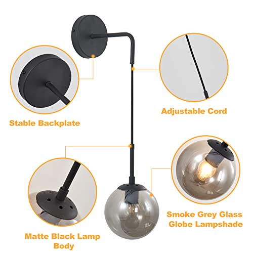 Image of KCO Lighting Black Glass Globe Wall Sconce Set of 2 Farmhouse Industrial Wall Lamp with Adjustable Cord Mid Century Modern Wall Mount Reading Light for Bathroom Mirror Bedside Stairs (Smoke Grey)