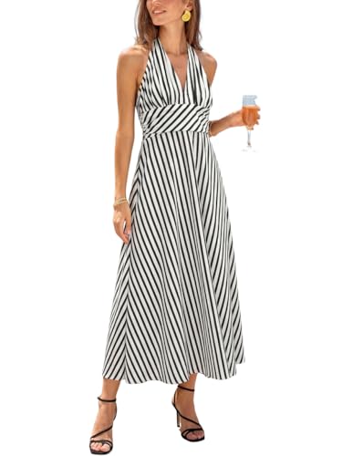CUPSHE Damen Sommerkleid Gestreiftes Neckholder Kleid Tiefer V‑Ausschnitt Rückenfrei Ärmellos Freizeitkleider Elegantes Urlaubskleid Schwarz,L