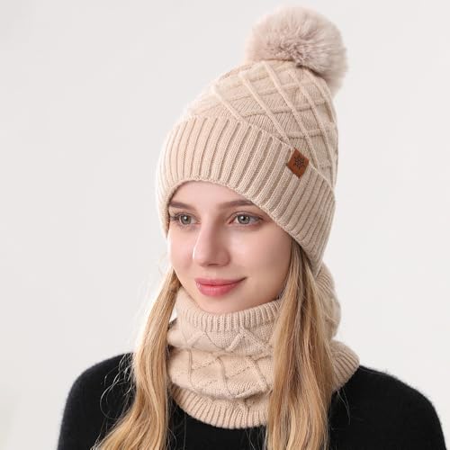 Bseical Mütze Schal Handschuhe Set Damen Winter Warme Wintermütze mit Bommel & Weiches Fleecefutter, Loop Schal Schlauchschal Winterschal Winterhandschuhe für Weihnachten Geschenk für Frauen 3in1 Set
