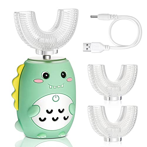 Kids Electric Toothbrushes U Shaped Ultrasonic Toothbrush Cartoon Dinosaur Toothbrush Rechargeable Waterproof Toddler Tooth Brush with 2 Brush Heads for Baby 2-12 Years Old, 5 Cleaning Modes (Green)