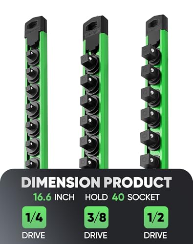 Image of ALOANES Magnetic Socket Organizer Set, 3-Piece Heavy Duty Aluminum Socket Rails, 360 Swivel Clips Socket Rail Kit for Tool Tray Drawer Fit 1 /2, 3 /8, 1 /4-Inch x 40 Clips (Green, 3PC)