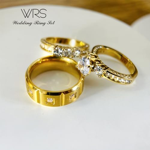 TWO RINGS His Hers Wedding Ring Sets Couples Rings Women's 18k Yellow Gold White CZ Wedding Engagement Ring Bridal Sets & Men's Titanium steel Wedding Band RINGS4