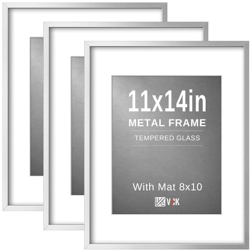 Image of VCK 11x14 Picture Frame Silver Metal, Real Glass, 8x10 Mat, 3 Pack for Arts