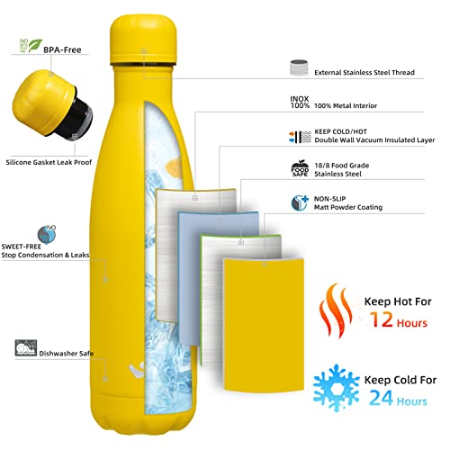 Image of Konokyo Insulated Water Bottles,17 oz Double Wall Stainless Steel Vacumm Metal Flask for Sports Travel,Yellow