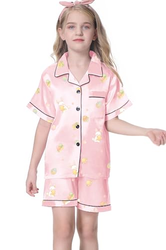 Women's Satin Pajamas Set, Silk PJS Short Sleeve Button-Down Shirt Top + Elastic Waist Shorts Sets Pajamas for Women, Easter Eggs, US XS - Thumbnail 3