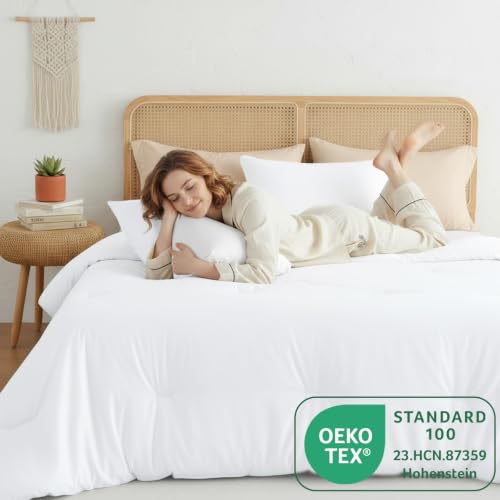 Image of HIMEET Queen Comforter Set, 3 Pieces 90 inchx90 inch with 2 Pillowcases, White | 270GSM Down Alternative Fill, Oeko-TEX Certified, 8 Corner Ties Quilted, All Season, Fluffy Bed Set, Bedroom Decor Bedding